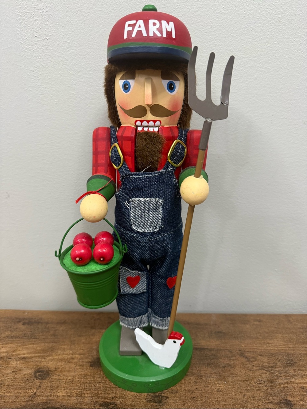 14" Nutcracker Farmer - Green, Red, Blue w Apples & Chicken